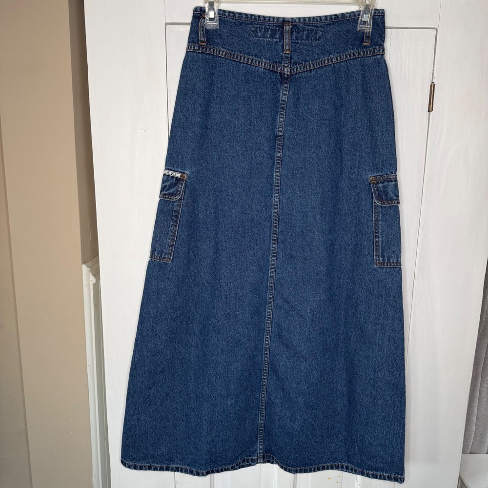 RVT Cargo Maxi Skirt Blue Denim Jean Vintage 5/6 A Line Pockets Y2K Style - Picture 5 of 6